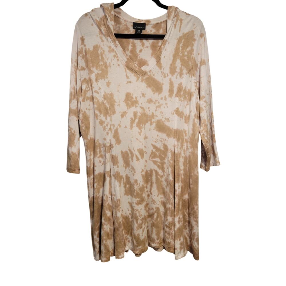 JNY Jones New York 1X Plus Beige Tan Tie Dye Hoodie Tunic Dress Comfy Lounge